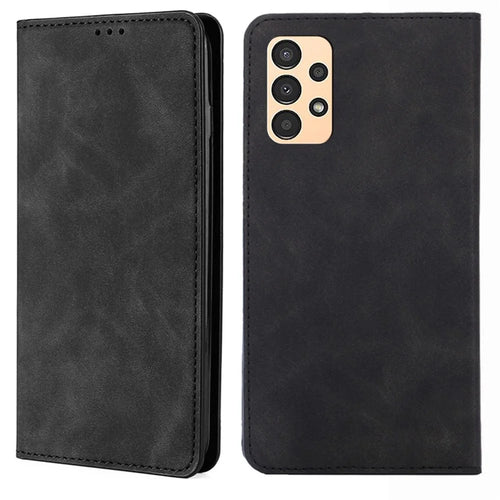 For Samsung Galaxy A13 4G Skin-touch Feeling Leather Flip Folio Case Card Slots Holder Stand Strong Magnetic Suction Phone Cover - Black - 1