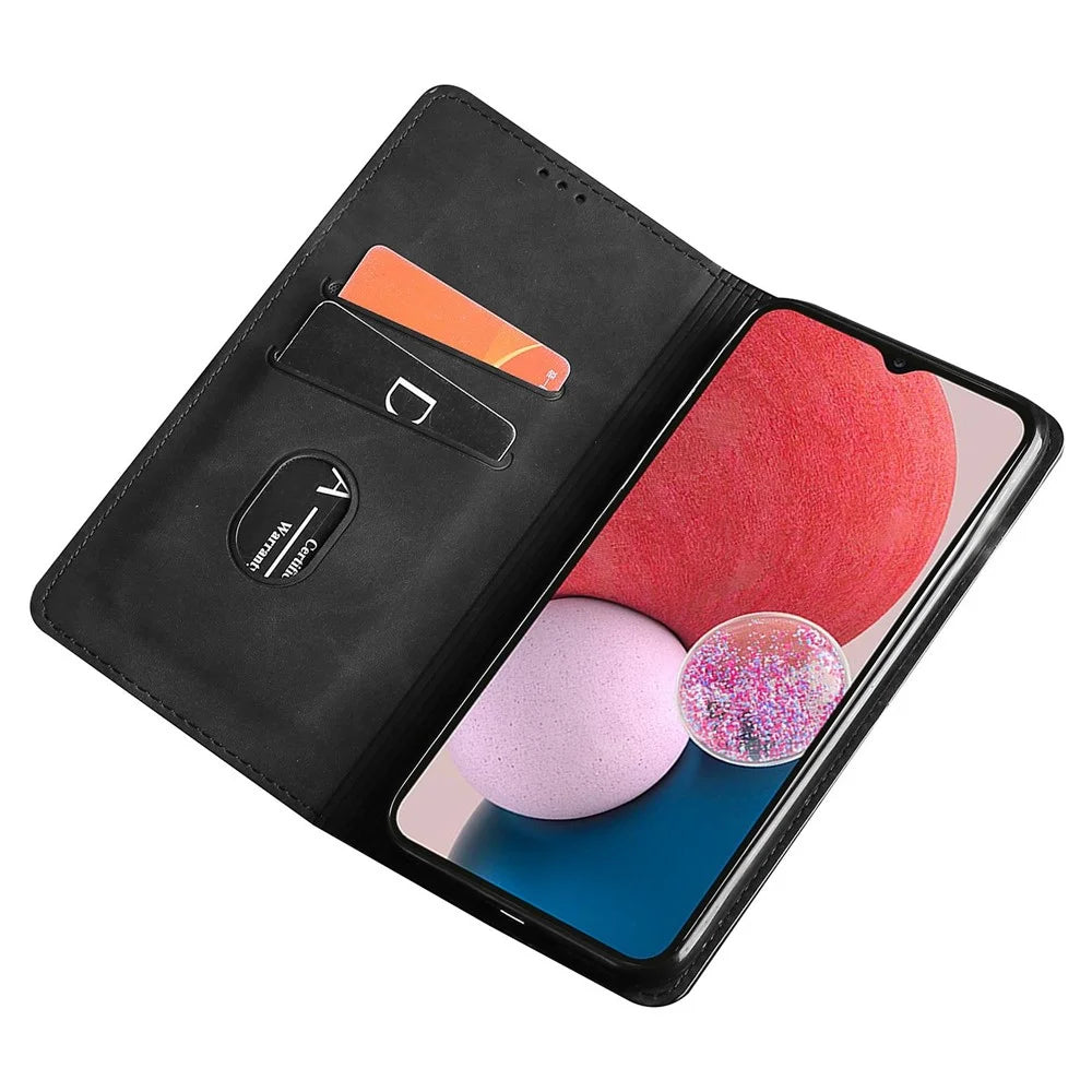 For Samsung Galaxy A13 4G Skin-touch Feeling Leather Flip Folio Case Card Slots Holder Stand Strong Magnetic Suction Phone Cover - Black - 2