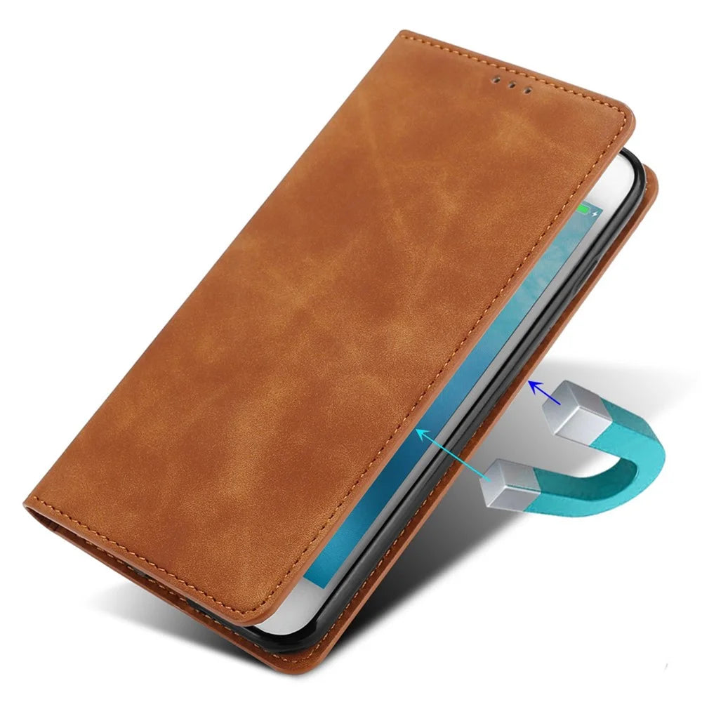 For Samsung Galaxy A13 4G Skin-touch Feeling Leather Flip Folio Case Card Slots Holder Stand Strong Magnetic Suction Phone Cover - Black - 4