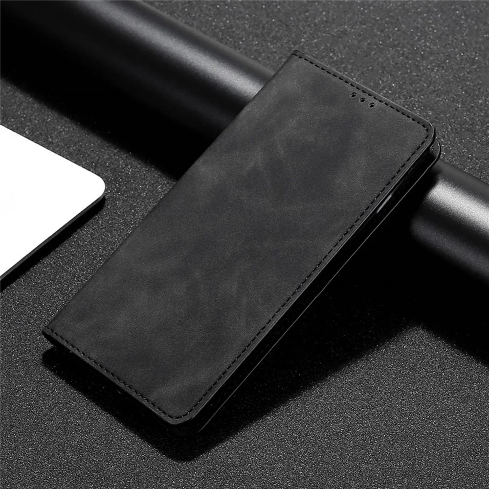 For Samsung Galaxy A13 4G Skin-touch Feeling Leather Flip Folio Case Card Slots Holder Stand Strong Magnetic Suction Phone Cover - Black - 5