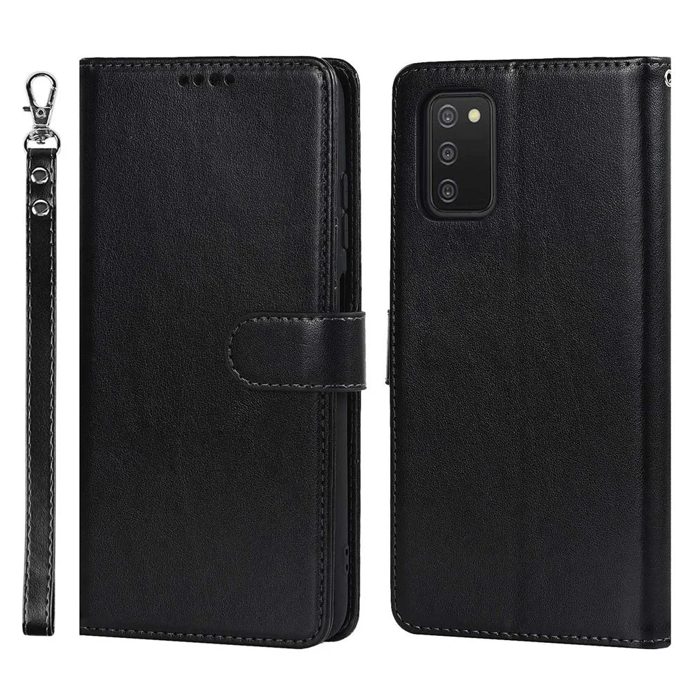For Samsung Galaxy A03s (166.5mm) R61 Texture Felled Seam Wallet Folio Case PU Leather Wrist Strap Magnetic Closure Stand Phone Cover - Black - 1