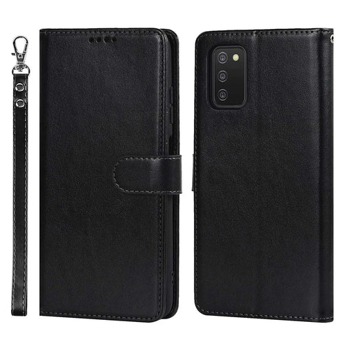 For Samsung Galaxy A03s (166.5mm) R61 Texture Felled Seam Wallet Folio Case PU Leather Wrist Strap Magnetic Closure Stand Phone Cover - Black - 1