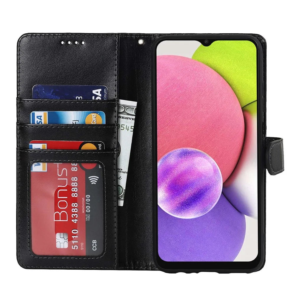 For Samsung Galaxy A03s (166.5mm) R61 Texture Felled Seam Wallet Folio Case PU Leather Wrist Strap Magnetic Closure Stand Phone Cover - Black - 2
