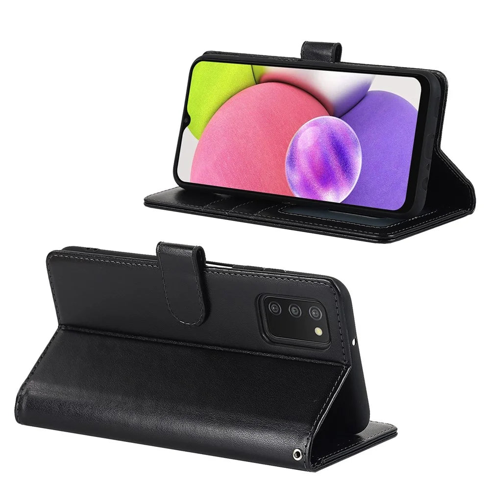 For Samsung Galaxy A03s (166.5mm) R61 Texture Felled Seam Wallet Folio Case PU Leather Wrist Strap Magnetic Closure Stand Phone Cover - Black - 3