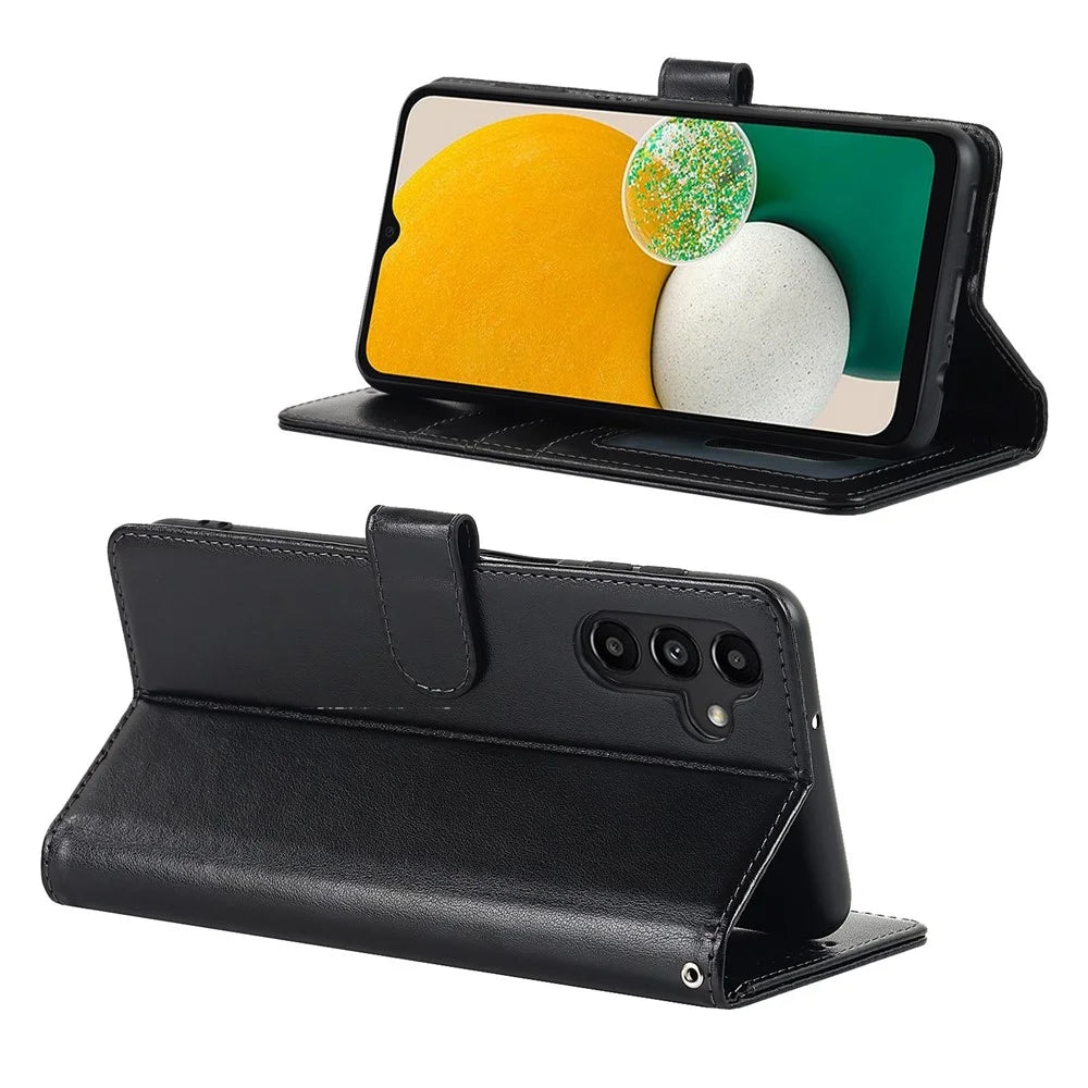 For Samsung Galaxy A13 5G / A04s 4G (164.7mm) PU Leather Phone Case R61 Texture Stand Flip Cover - Black - 3