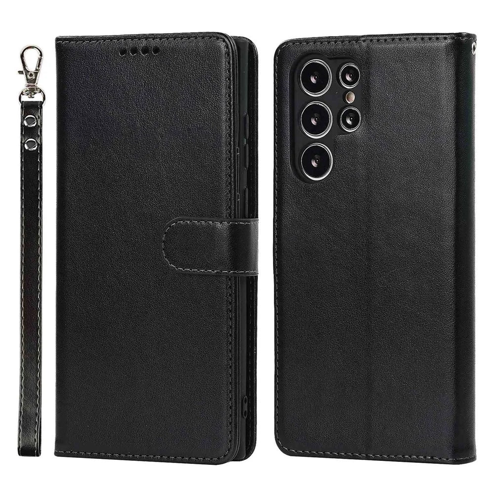 For Samsung Galaxy S22 Ultra 5G Wallet Case R61 Texture Felled Seam PU Leather Anti-Fall Stand Magnetic Phone Cover with Wrist Strap - Black - 1