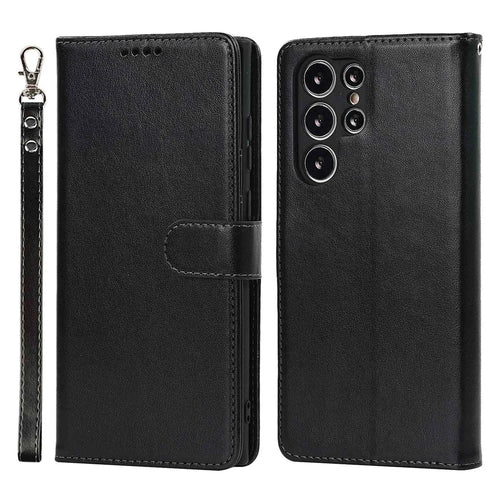 For Samsung Galaxy S22 Ultra 5G Wallet Case R61 Texture Felled Seam PU Leather Anti-Fall Stand Magnetic Phone Cover with Wrist Strap - Black - 1