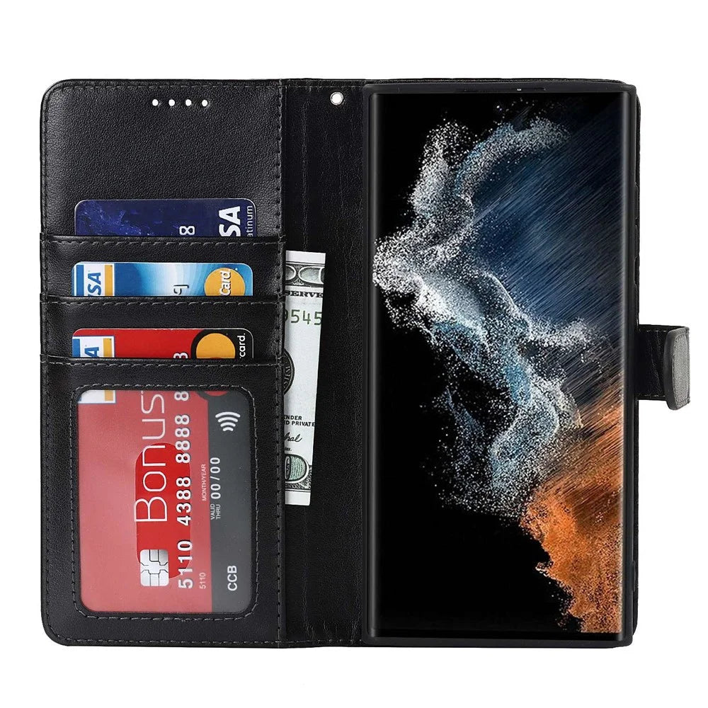 For Samsung Galaxy S22 Ultra 5G Wallet Case R61 Texture Felled Seam PU Leather Anti-Fall Stand Magnetic Phone Cover with Wrist Strap - Black - 2