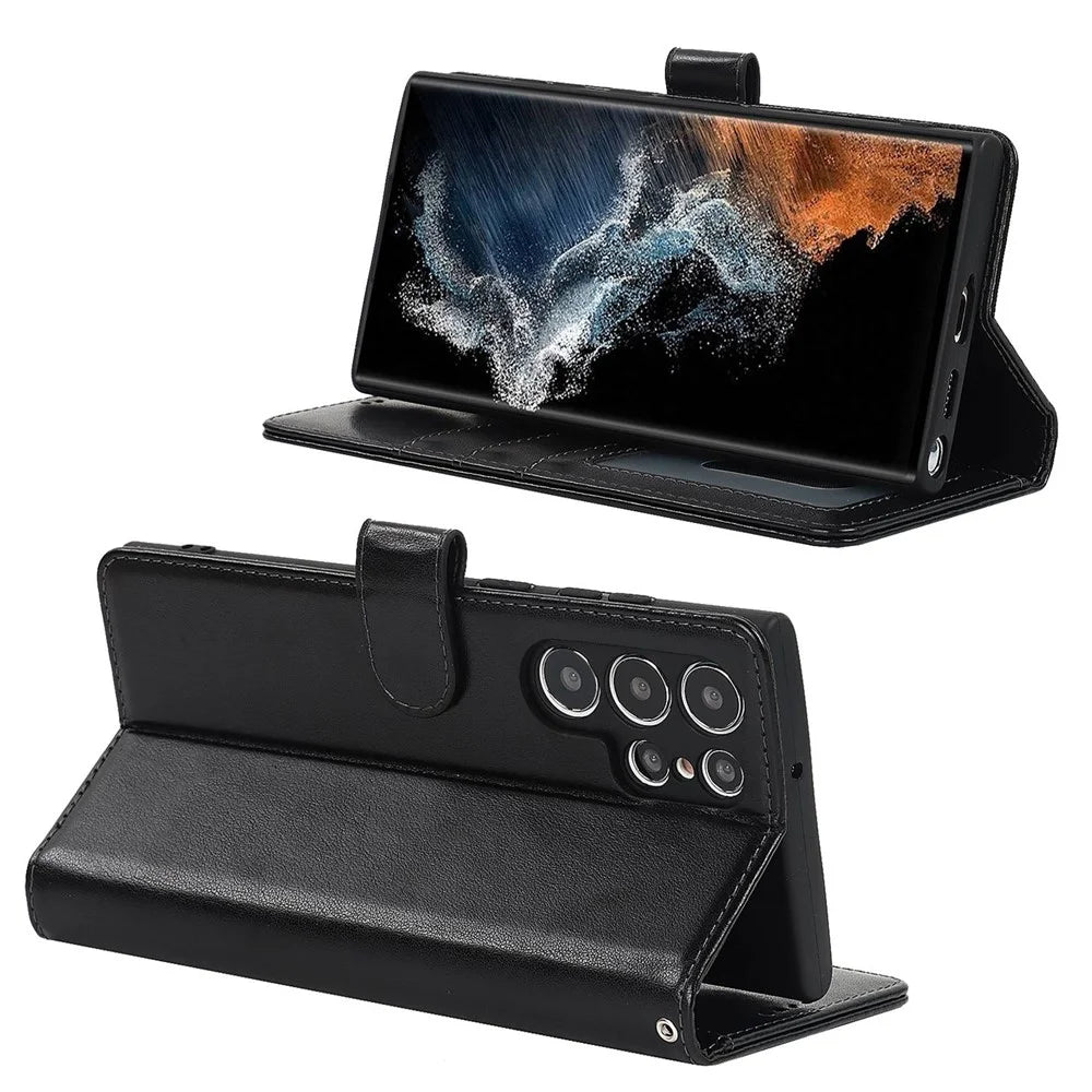 For Samsung Galaxy S22 Ultra 5G Wallet Case R61 Texture Felled Seam PU Leather Anti-Fall Stand Magnetic Phone Cover with Wrist Strap - Black - 3