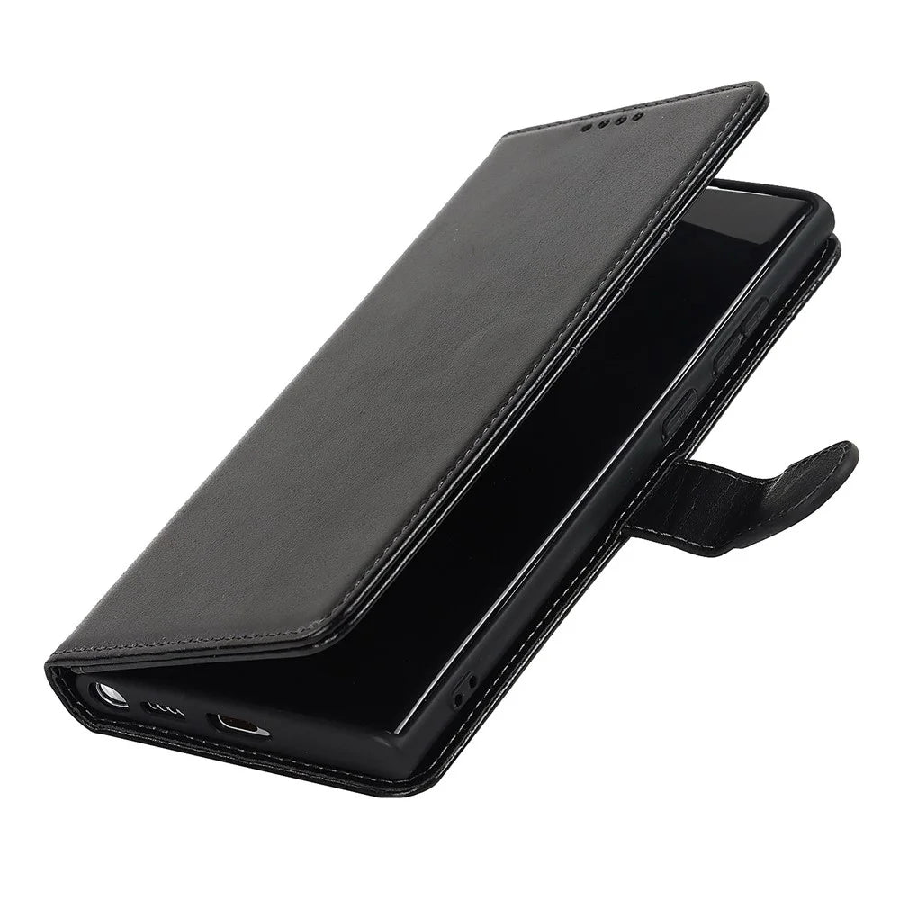 For Samsung Galaxy S22 Ultra 5G Wallet Case R61 Texture Felled Seam PU Leather Anti-Fall Stand Magnetic Phone Cover with Wrist Strap - Black - 5