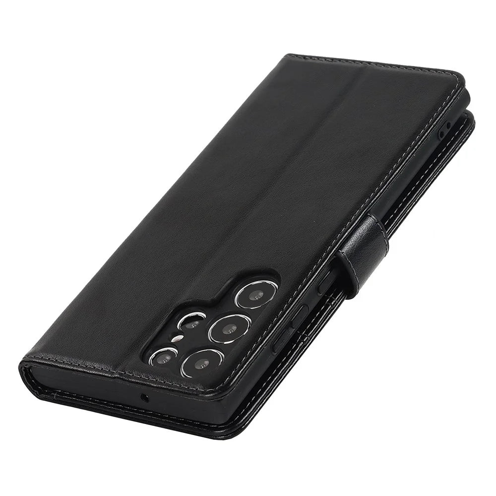 For Samsung Galaxy S22 Ultra 5G Wallet Case R61 Texture Felled Seam PU Leather Anti-Fall Stand Magnetic Phone Cover with Wrist Strap - Black - 6