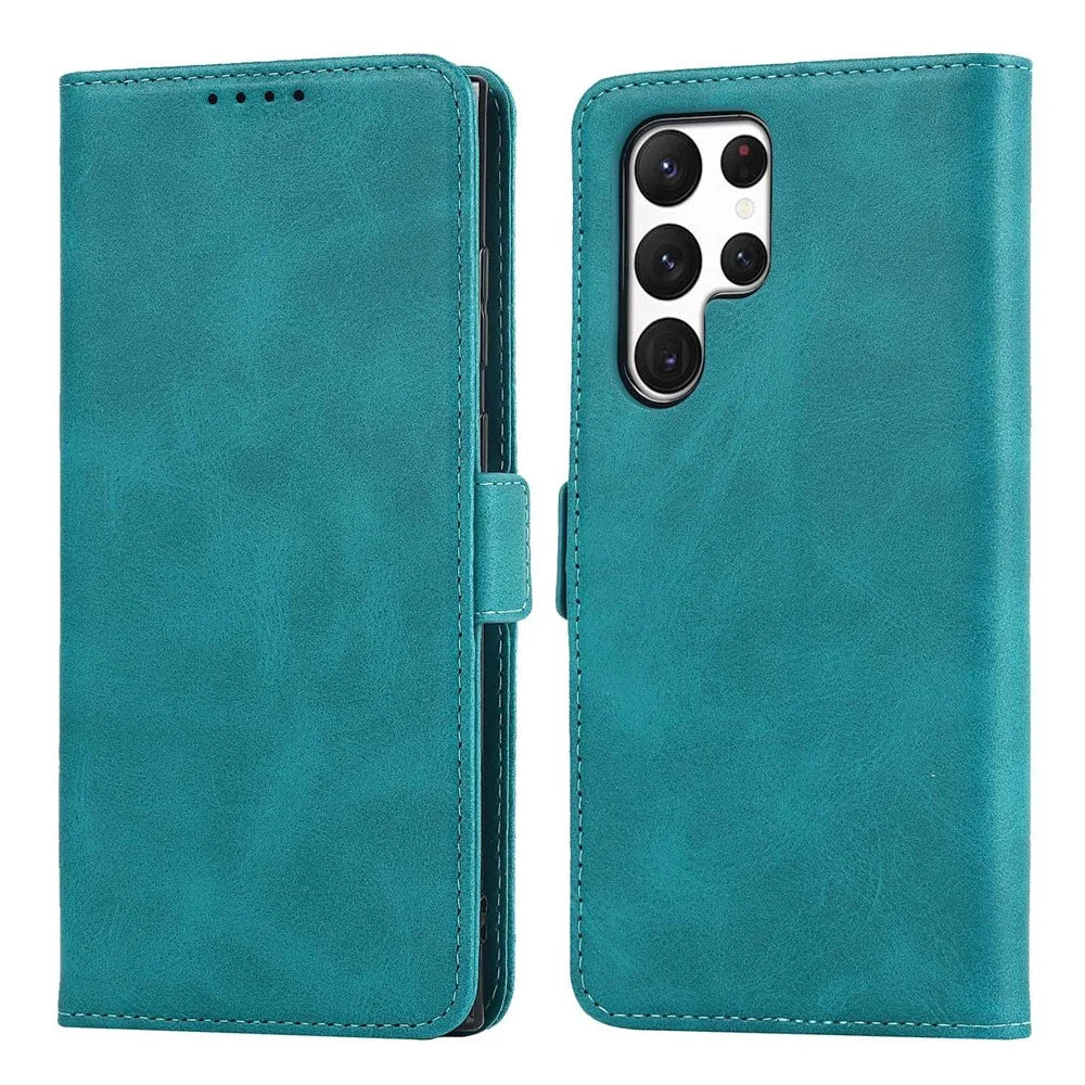 For Samsung Galaxy S22 Ultra 5G PU Leather Flip Wallet Case Wrist Strap Stand Double Magnetic Clasp Shockproof Cover - Sky Blue - 1