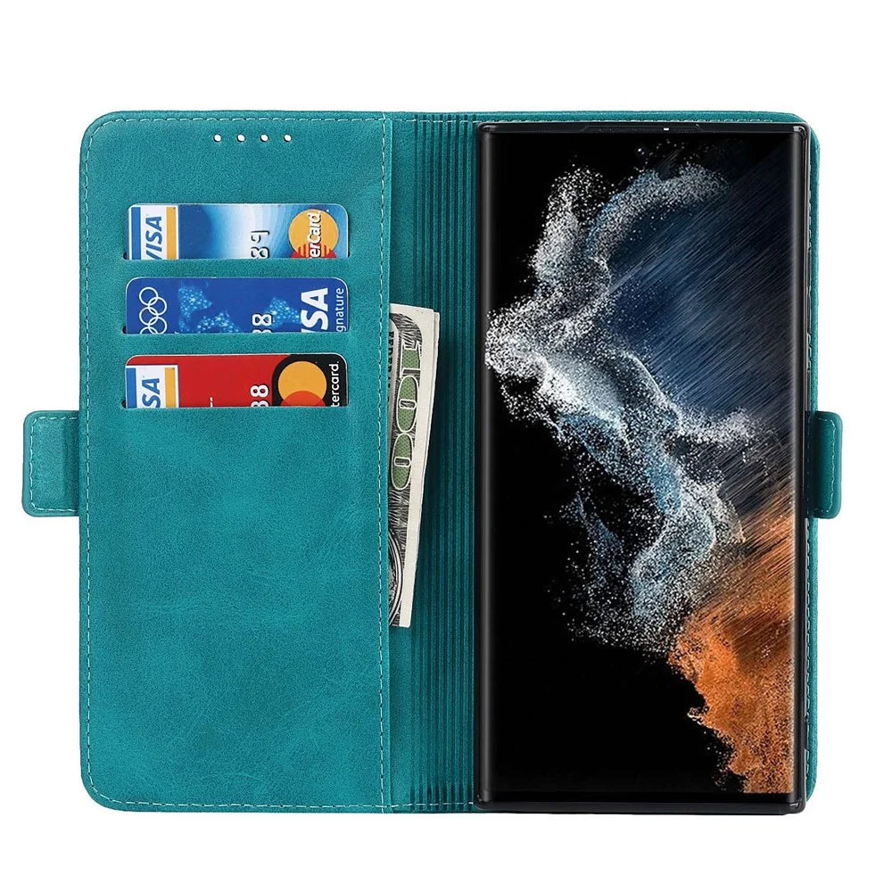 For Samsung Galaxy S22 Ultra 5G PU Leather Flip Wallet Case Wrist Strap Stand Double Magnetic Clasp Shockproof Cover - Sky Blue - 2