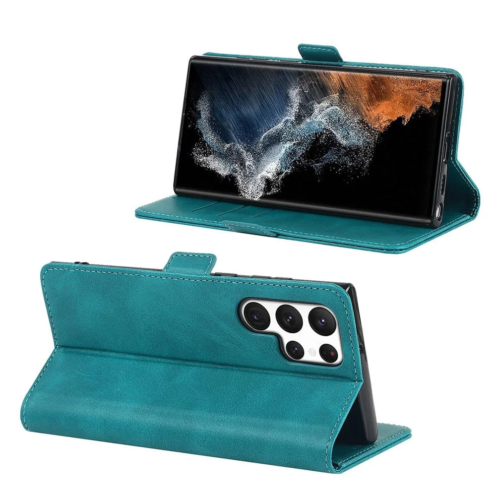 For Samsung Galaxy S22 Ultra 5G PU Leather Flip Wallet Case Wrist Strap Stand Double Magnetic Clasp Shockproof Cover - Sky Blue - 3