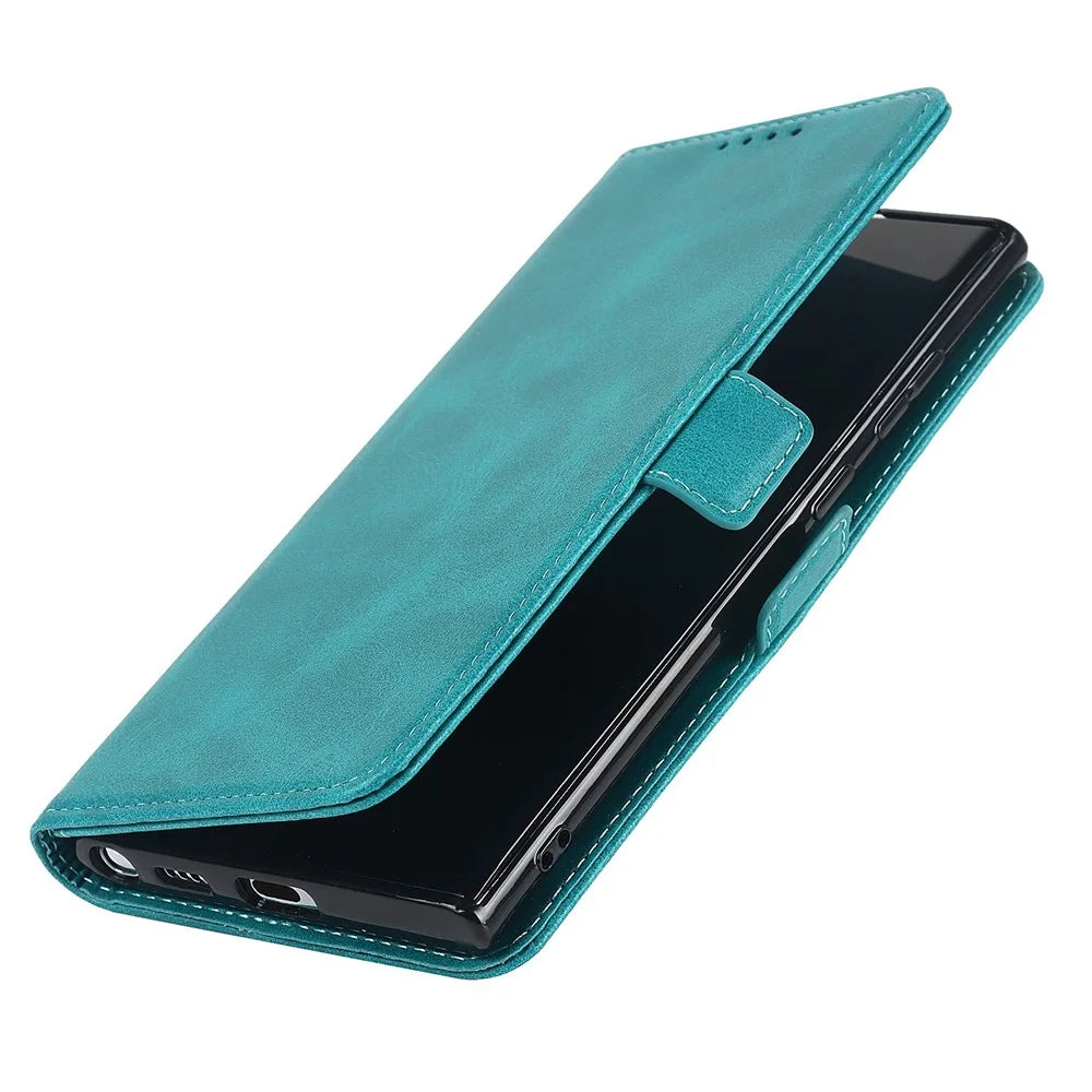 For Samsung Galaxy S22 Ultra 5G PU Leather Flip Wallet Case Wrist Strap Stand Double Magnetic Clasp Shockproof Cover - Sky Blue - 5