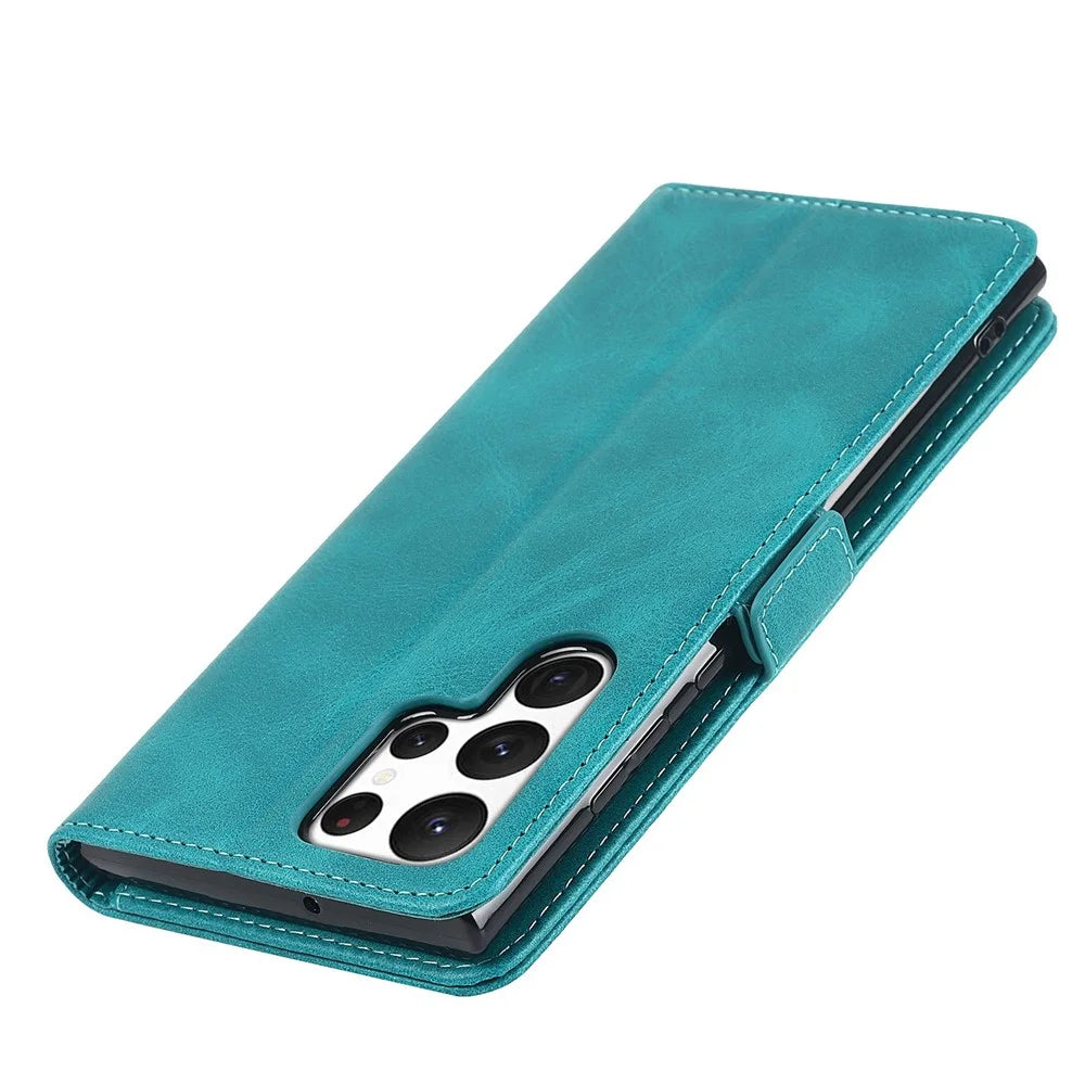 For Samsung Galaxy S22 Ultra 5G PU Leather Flip Wallet Case Wrist Strap Stand Double Magnetic Clasp Shockproof Cover - Sky Blue - 6