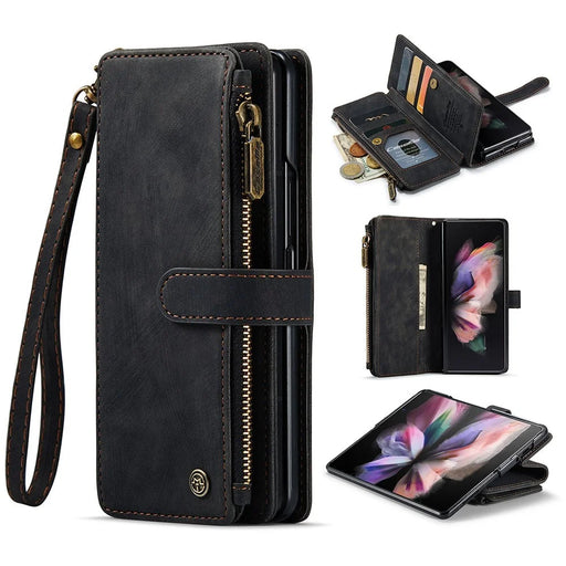 For Samsung Galaxy Z Fold3 5G Phone Cases with Strap CASEME C30 Zipper Multiple Card Holder PU Leather Cover - Black - 1