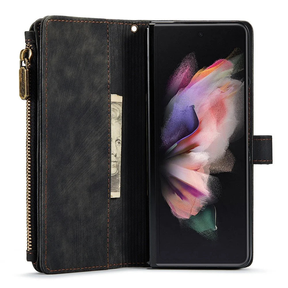 For Samsung Galaxy Z Fold3 5G Phone Cases with Strap CASEME C30 Zipper Multiple Card Holder PU Leather Cover - Black - 3