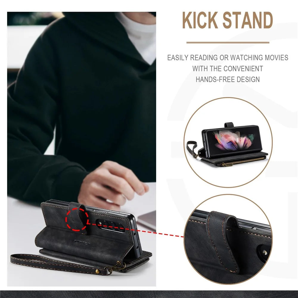For Samsung Galaxy Z Fold3 5G Phone Cases with Strap CASEME C30 Zipper Multiple Card Holder PU Leather Cover - Black - 5