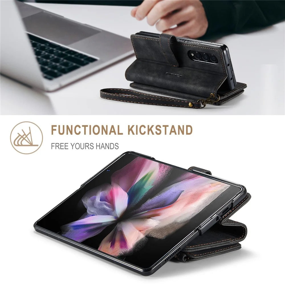 For Samsung Galaxy Z Fold3 5G Phone Cases with Strap CASEME C30 Zipper Multiple Card Holder PU Leather Cover - Black - 6