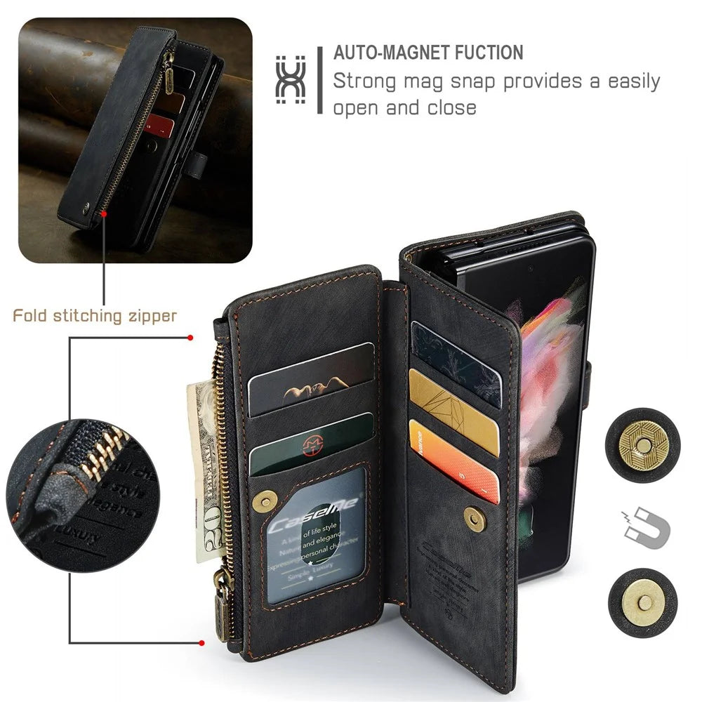 For Samsung Galaxy Z Fold3 5G Phone Cases with Strap CASEME C30 Zipper Multiple Card Holder PU Leather Cover - Black - 7