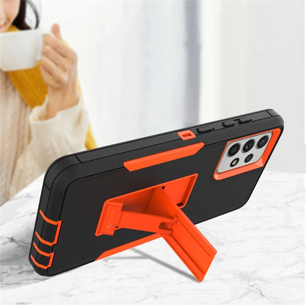 For Samsung Galaxy A52 4G/5G/A52s 5G Kickstand Hard PC + Soft TPU Phone Case with Car Mount Metal Sheet - Black/Orange - 4