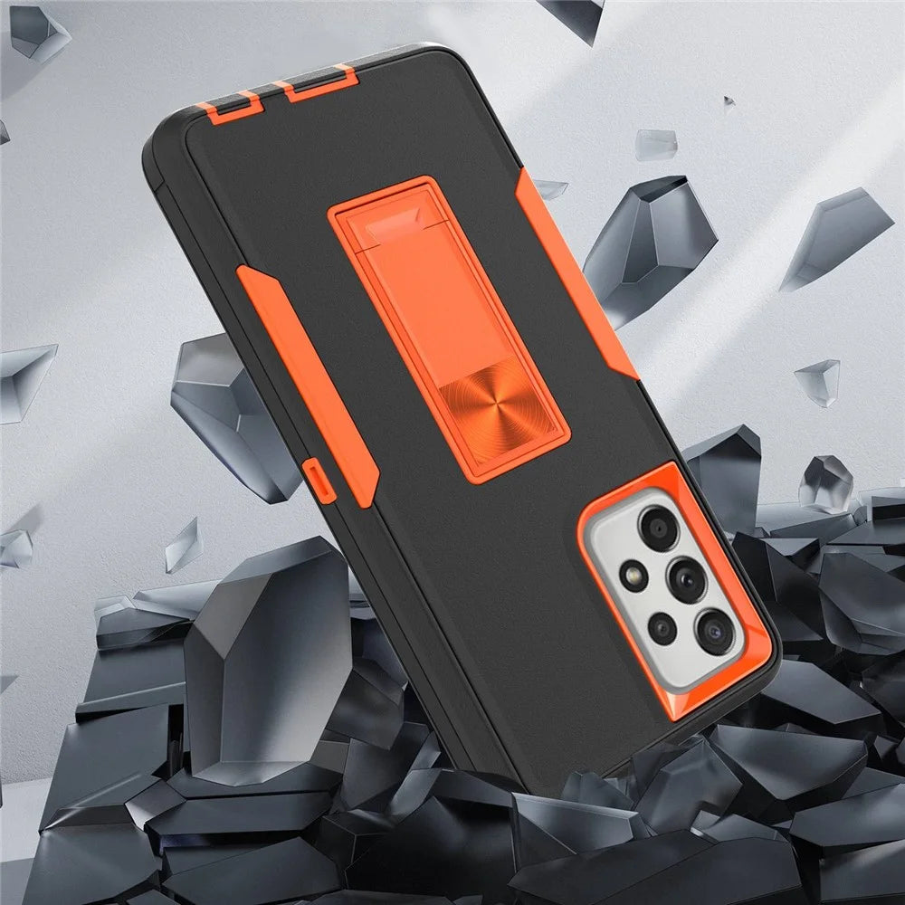 For Samsung Galaxy A52 4G/5G/A52s 5G Kickstand Hard PC + Soft TPU Phone Case with Car Mount Metal Sheet - Black/Orange - 5