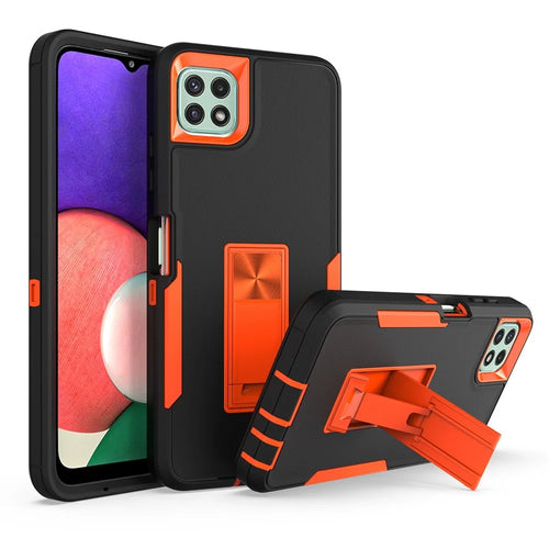 For Samsung Galaxy A22 5G (EU Version) Kickstand Phone Case Hard PC + Soft TPU Anti-drop Cover with Car Mount Metal Sheet - Black/Orange - 1