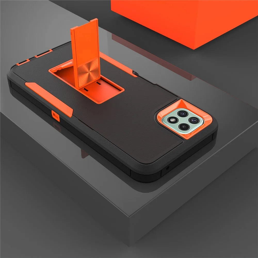 For Samsung Galaxy A22 5G (EU Version) Kickstand Phone Case Hard PC + Soft TPU Anti-drop Cover with Car Mount Metal Sheet - Black/Orange - 2