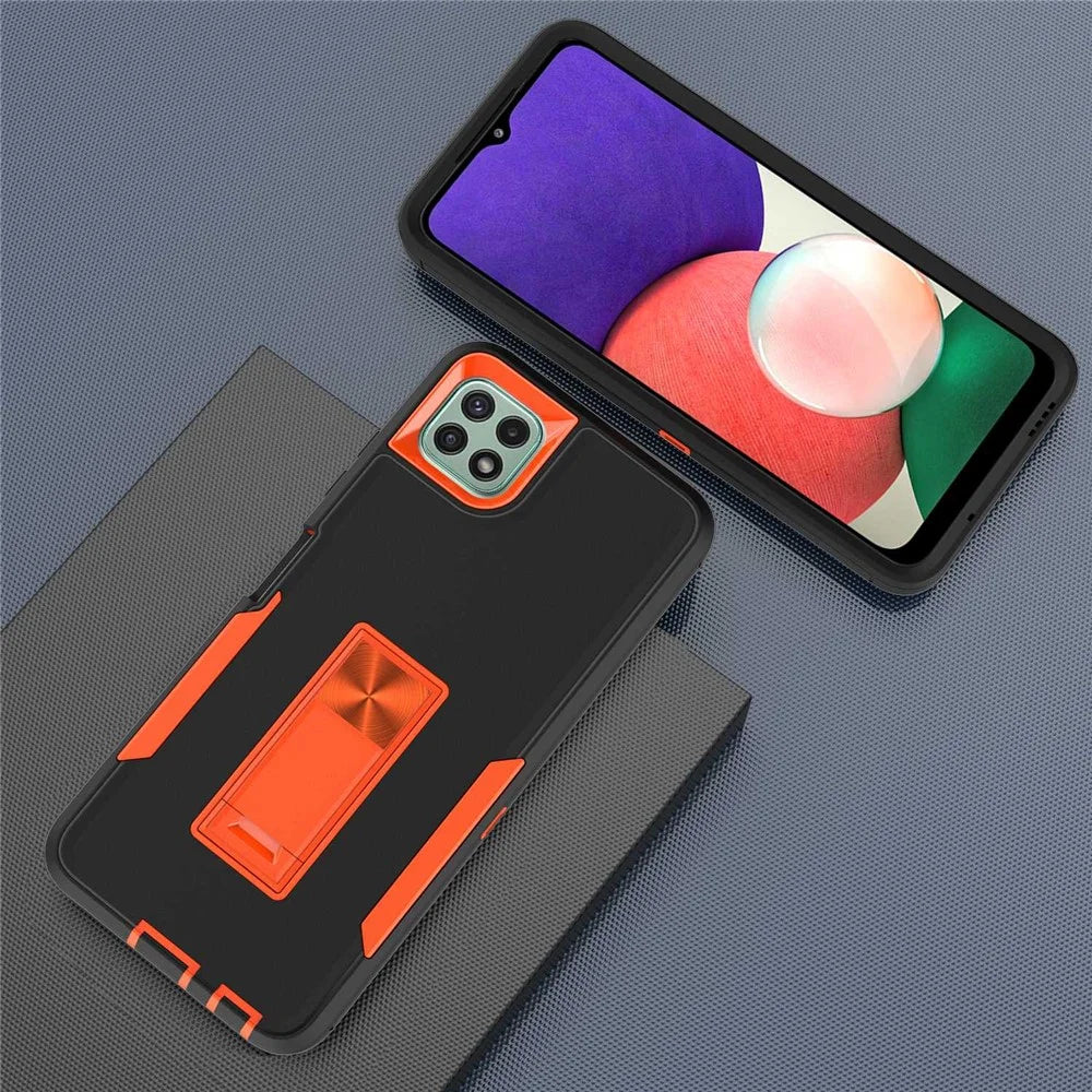 For Samsung Galaxy A22 5G (EU Version) Kickstand Phone Case Hard PC + Soft TPU Anti-drop Cover with Car Mount Metal Sheet - Black/Orange - 3