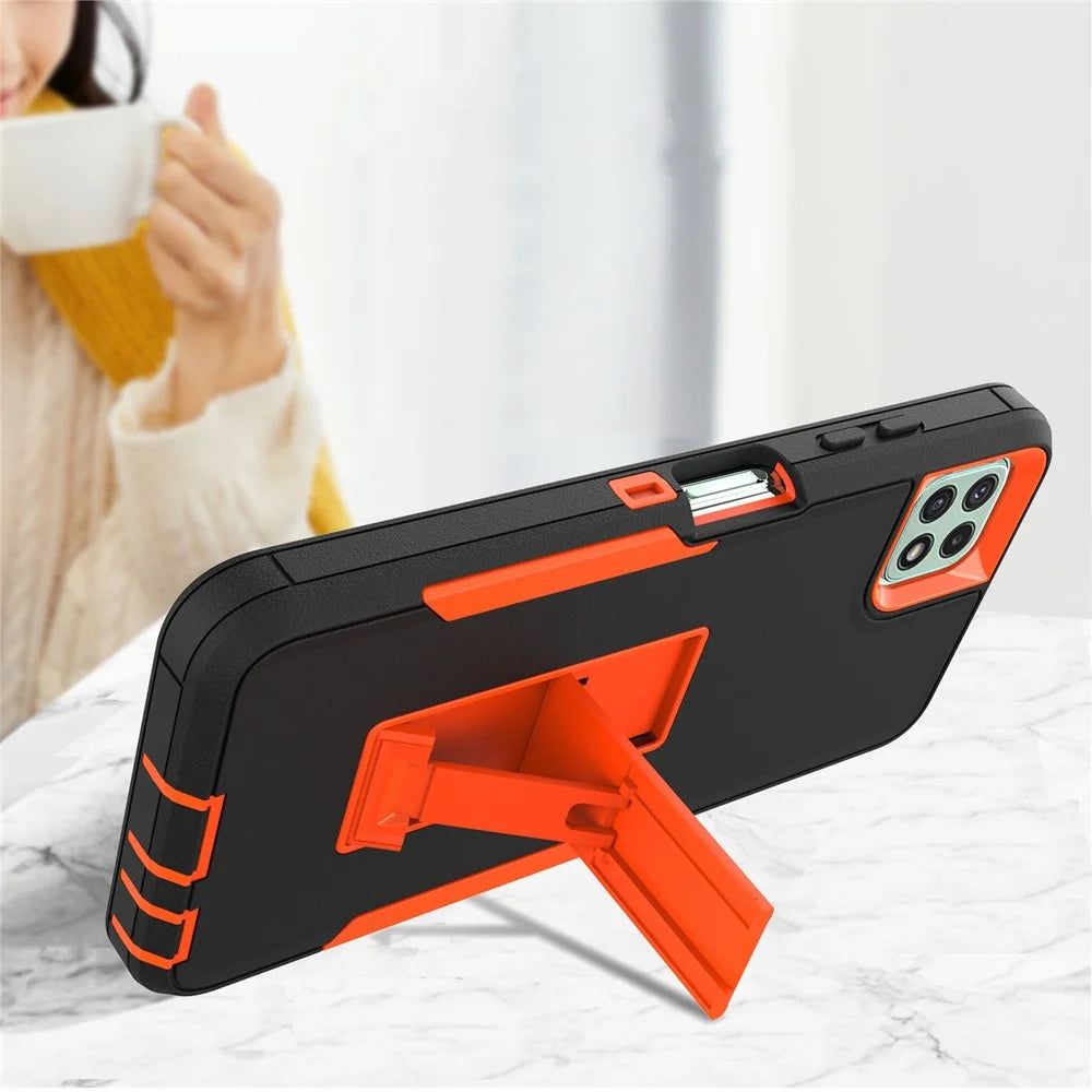 For Samsung Galaxy A22 5G (EU Version) Kickstand Phone Case Hard PC + Soft TPU Anti-drop Cover with Car Mount Metal Sheet - Black/Orange - 4
