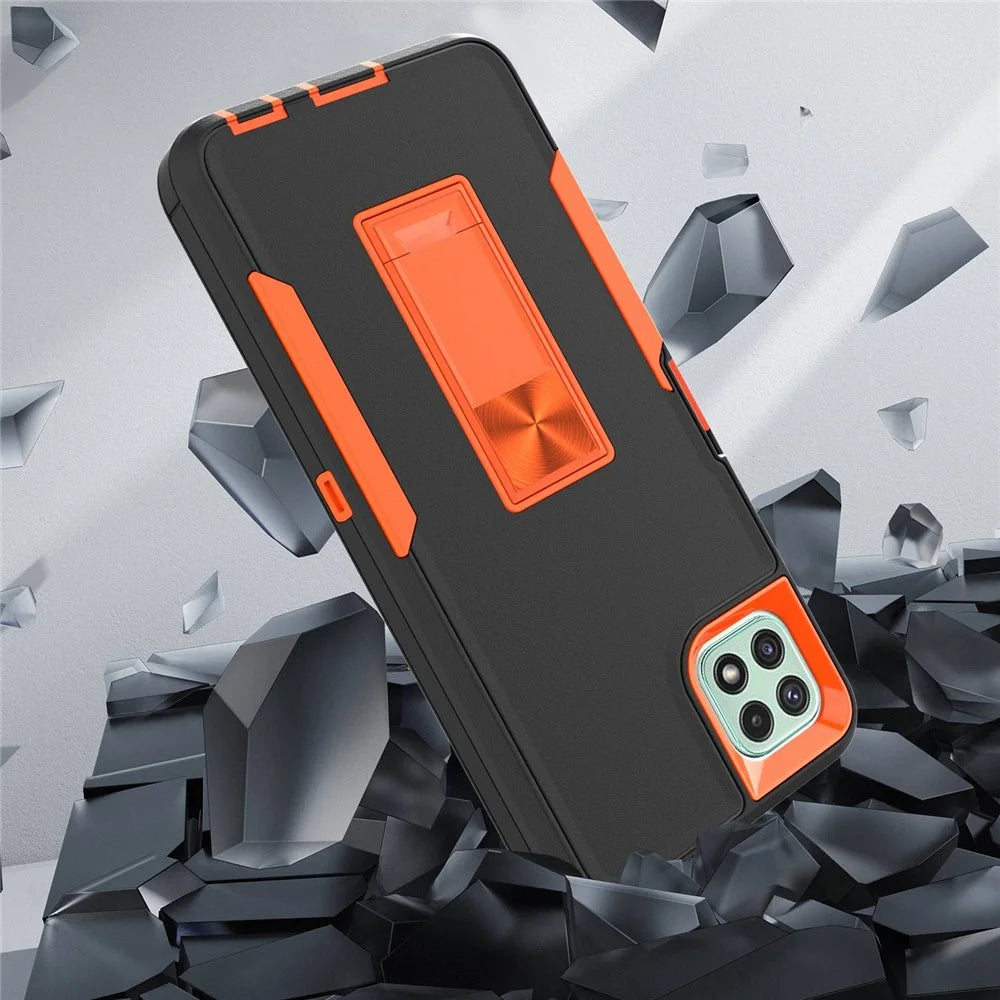 For Samsung Galaxy A22 5G (EU Version) Kickstand Phone Case Hard PC + Soft TPU Anti-drop Cover with Car Mount Metal Sheet - Black/Orange - 5