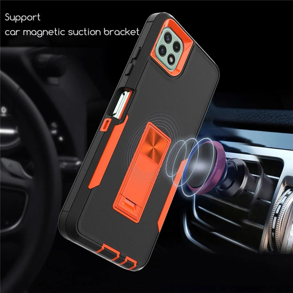 For Samsung Galaxy A22 5G (EU Version) Kickstand Phone Case Hard PC + Soft TPU Anti-drop Cover with Car Mount Metal Sheet - Black/Orange - 6