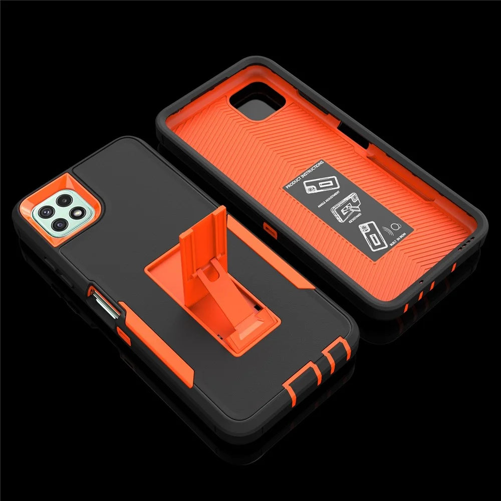 For Samsung Galaxy A22 5G (EU Version) Kickstand Phone Case Hard PC + Soft TPU Anti-drop Cover with Car Mount Metal Sheet - Black/Orange - 7