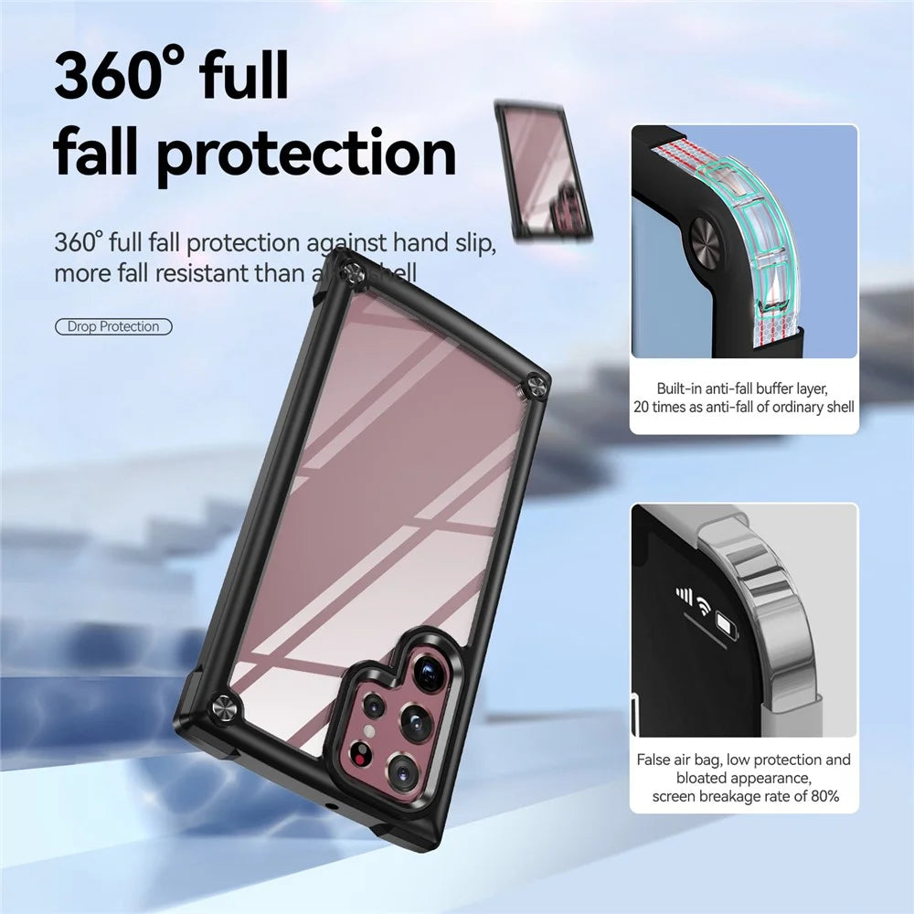Cell Phone Case for Samsung Galaxy S22 Ultra 5G, Anti-fall PC+TPU Hybrid Well-protected Cover Case with Strap - Black/Black - 5