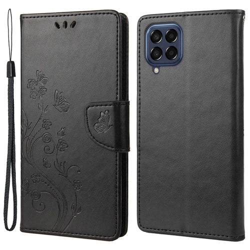 For Samsung Galaxy M33 5G (Global Version) Butterfly Flower Imprinted Wallet Case, PU Leather Foldable Stand Flip Cover with Hand Strap - Black - 1