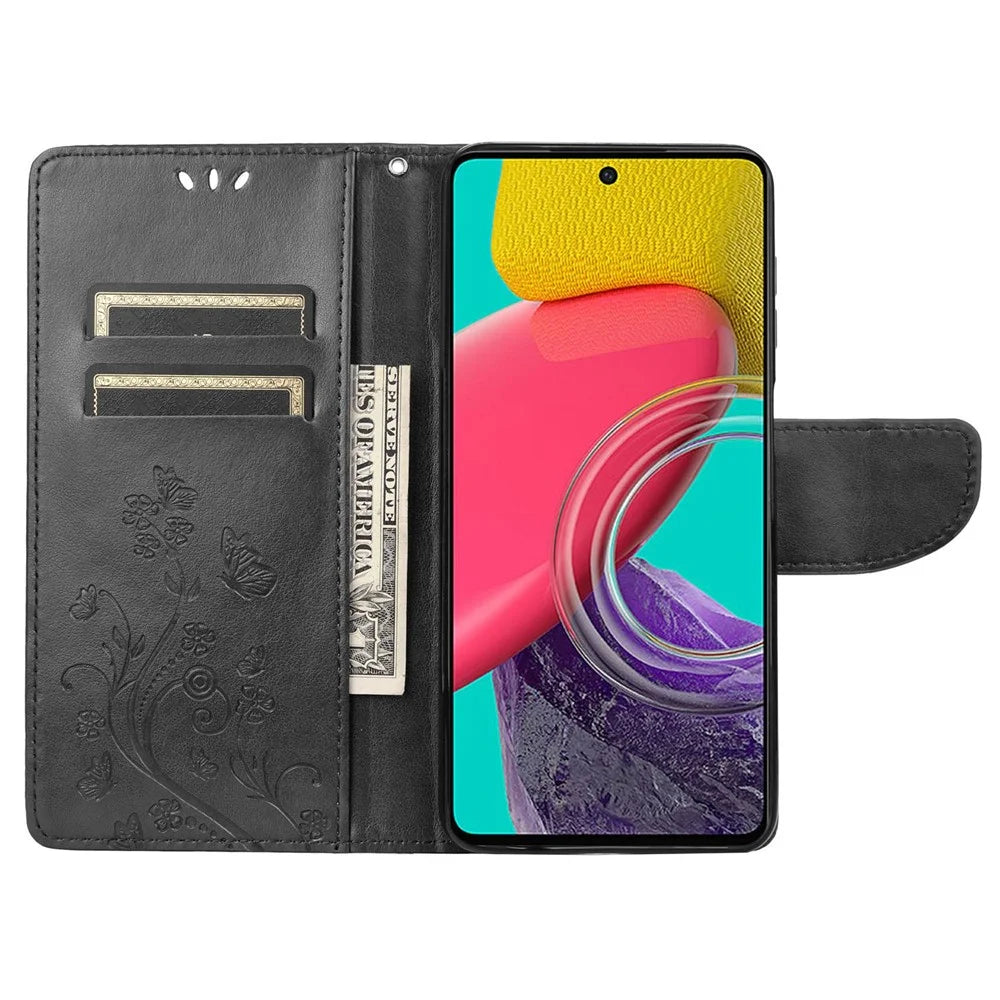 For Samsung Galaxy M33 5G (Global Version) Butterfly Flower Imprinted Wallet Case, PU Leather Foldable Stand Flip Cover with Hand Strap - Black - 2