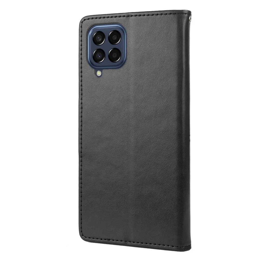 For Samsung Galaxy M33 5G (Global Version) Butterfly Flower Imprinted Wallet Case, PU Leather Foldable Stand Flip Cover with Hand Strap - Black - 7