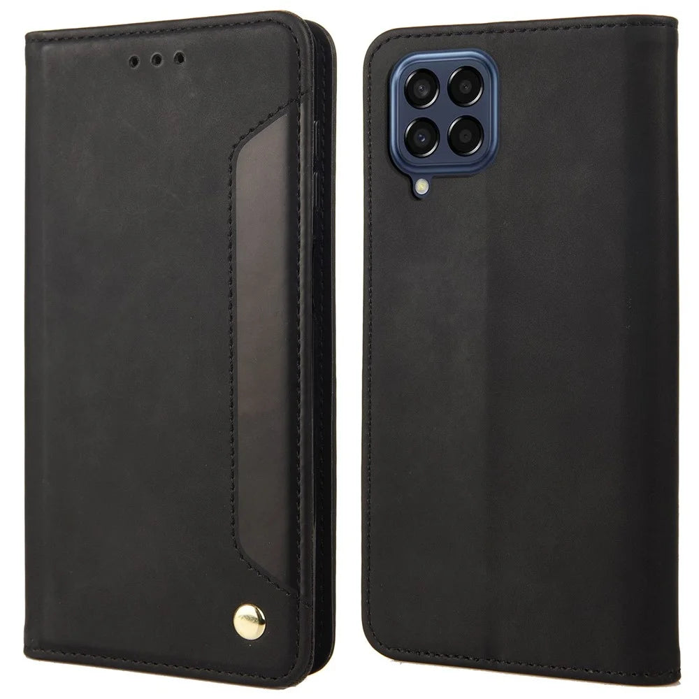 For Samsung Galaxy M33 5G (Global Version) Splicing PU Leather+TPU Skin-touch Feeling Case Stand Magnetic Absorption Flip Folio Wallet Cover - Black - 1