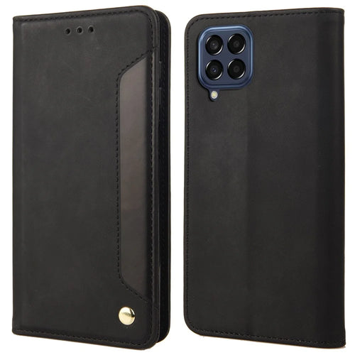 For Samsung Galaxy M33 5G (Global Version) Splicing PU Leather+TPU Skin-touch Feeling Case Stand Magnetic Absorption Flip Folio Wallet Cover - Black - 1
