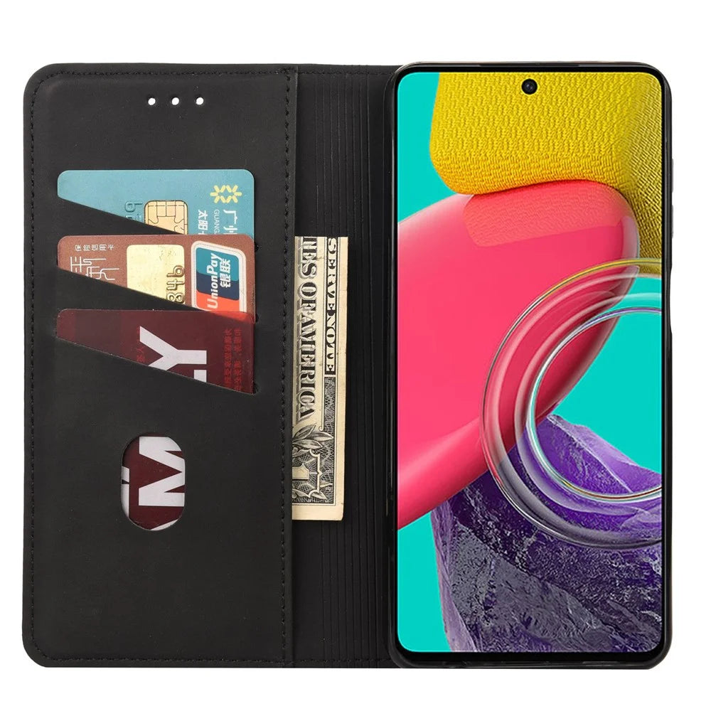 For Samsung Galaxy M33 5G (Global Version) Splicing PU Leather+TPU Skin-touch Feeling Case Stand Magnetic Absorption Flip Folio Wallet Cover - Black - 2