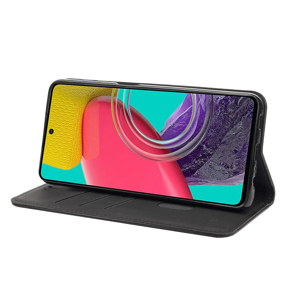 For Samsung Galaxy M33 5G (Global Version) Splicing PU Leather+TPU Skin-touch Feeling Case Stand Magnetic Absorption Flip Folio Wallet Cover - Black - 3