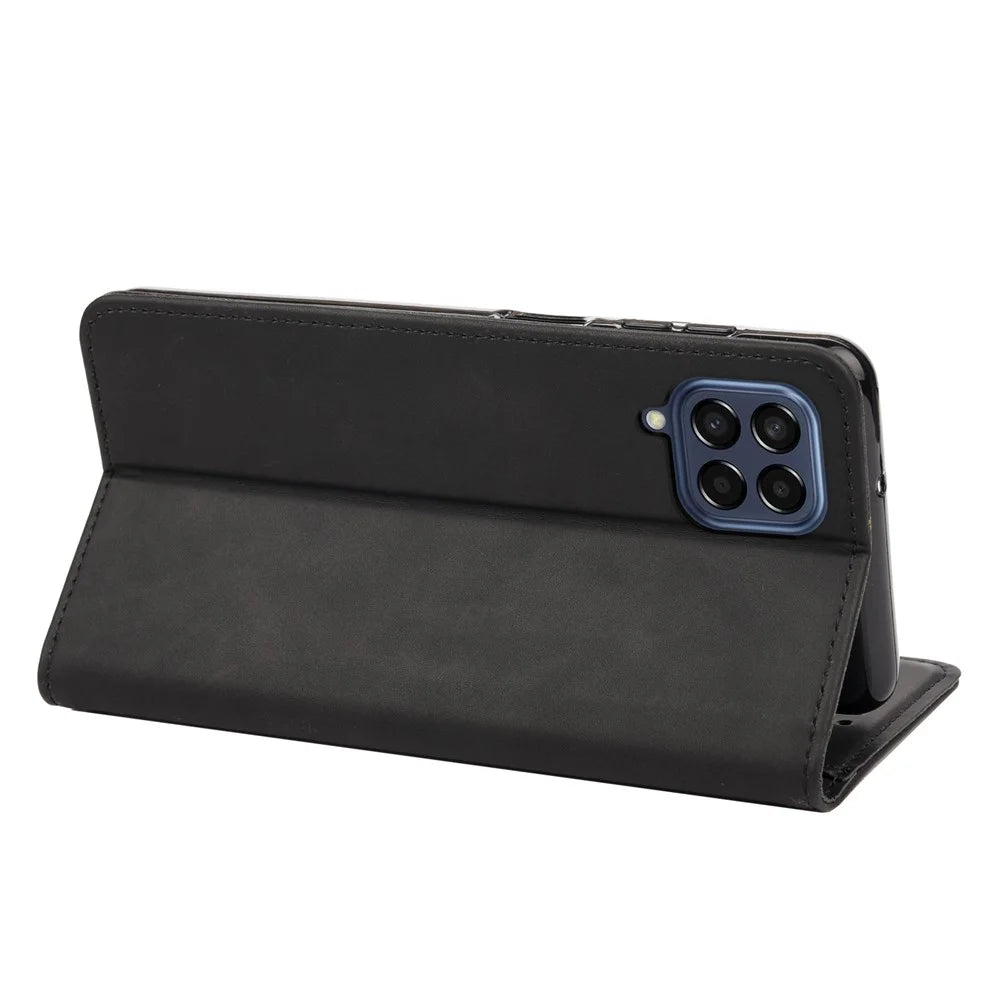 For Samsung Galaxy M33 5G (Global Version) Splicing PU Leather+TPU Skin-touch Feeling Case Stand Magnetic Absorption Flip Folio Wallet Cover - Black - 4
