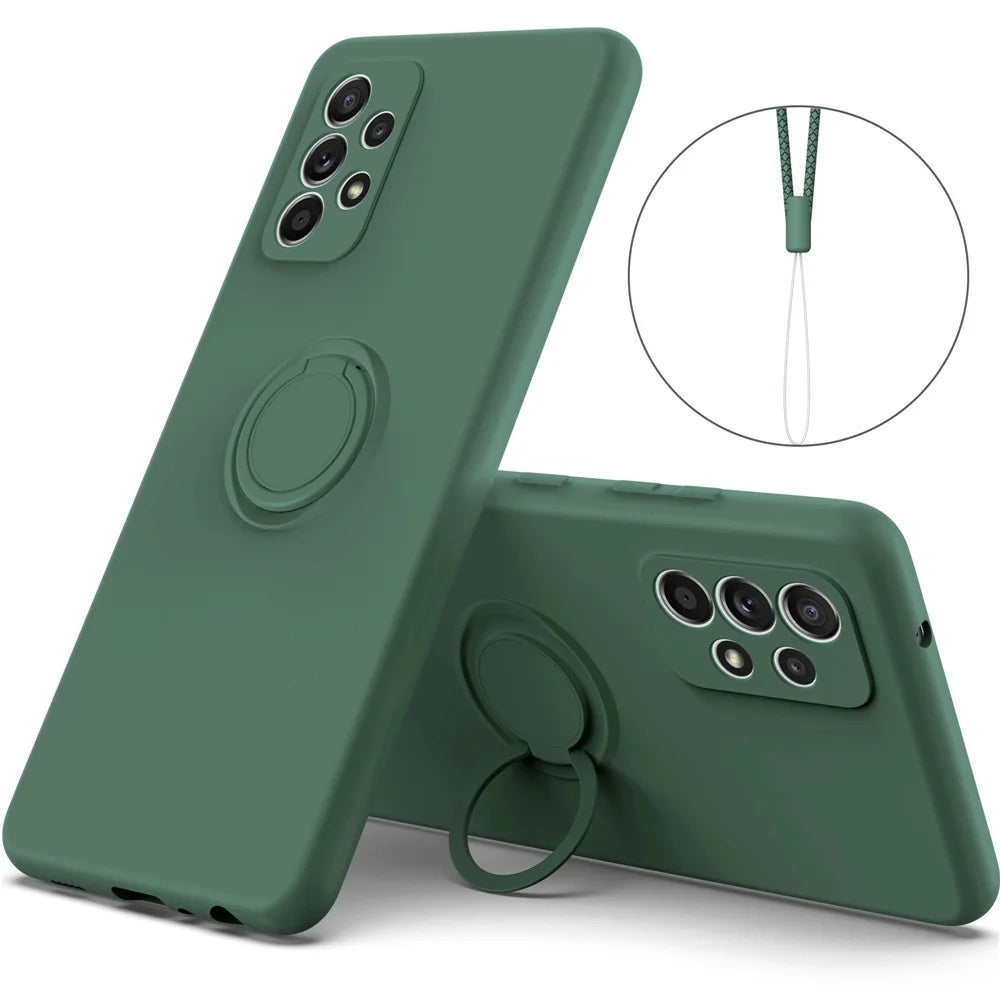 For Samsung Galaxy A53 5G Ring Kickstand Design Liquid Silicone Phone Case Anti-scratch Cover with Lanyard - Green - 1