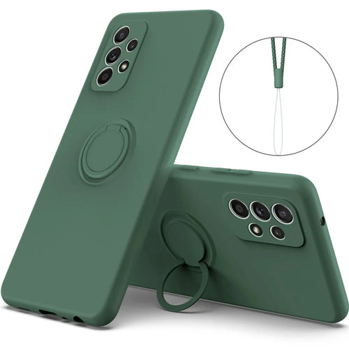 For Samsung Galaxy A53 5G Ring Kickstand Design Liquid Silicone Phone Case Anti-scratch Cover with Lanyard - Green - 1