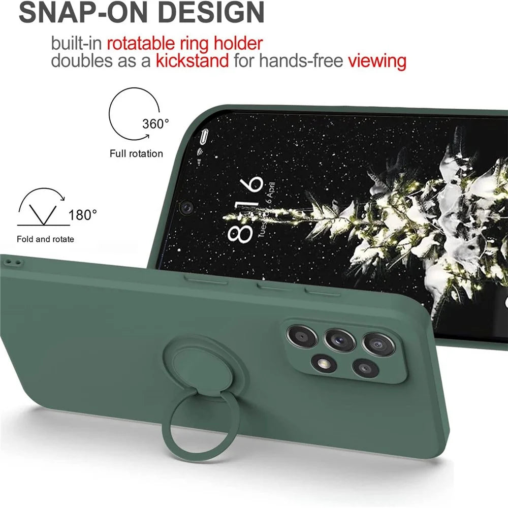 For Samsung Galaxy A53 5G Ring Kickstand Design Liquid Silicone Phone Case Anti-scratch Cover with Lanyard - Green - 5