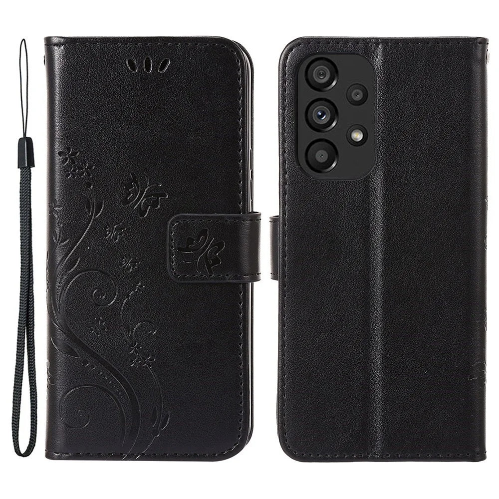 For Samsung Galaxy A73 5G Butterfly Flower Imprinted Wallet Phone Case PU Leather Folio Flip Cover with Stand/Strap - Black - 1