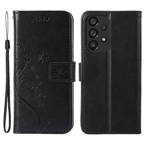 For Samsung Galaxy A73 5G Butterfly Flower Imprinted Wallet Phone Case PU Leather Folio Flip Cover with Stand/Strap - Black - 1