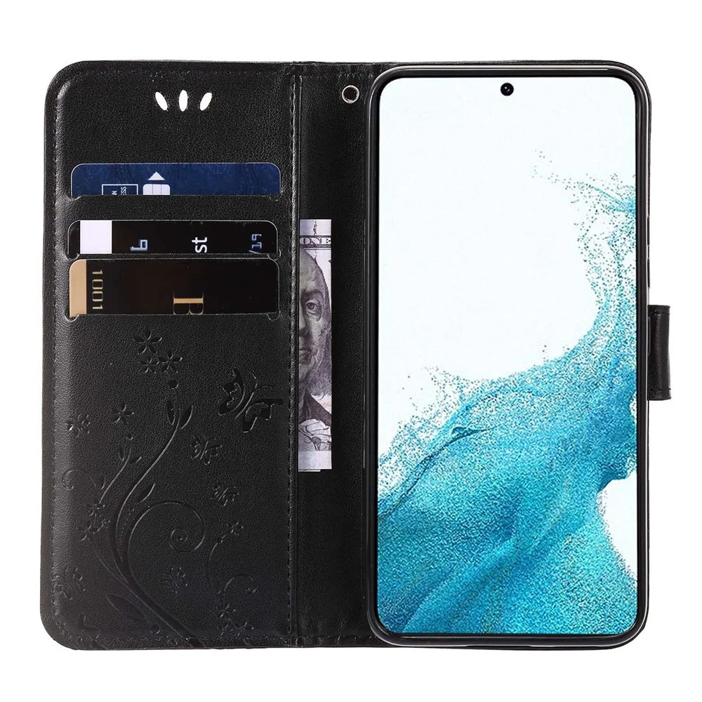 For Samsung Galaxy A73 5G Butterfly Flower Imprinted Wallet Phone Case PU Leather Folio Flip Cover with Stand/Strap - Black - 2