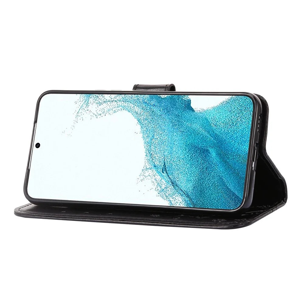 For Samsung Galaxy A73 5G Butterfly Flower Imprinted Wallet Phone Case PU Leather Folio Flip Cover with Stand/Strap - Black - 3